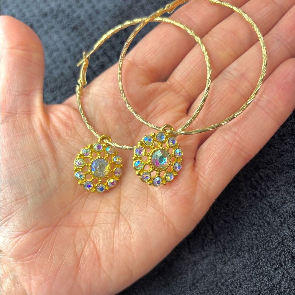 Gold Hoop Earrings with Aurora Crystal Flower Charms